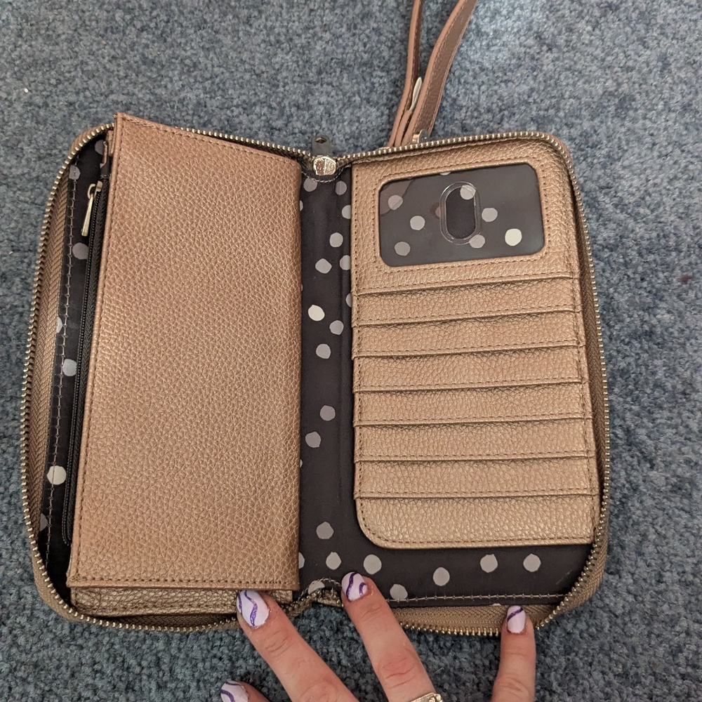 Gold Zip-Around Wallet with Polka Dot Interior